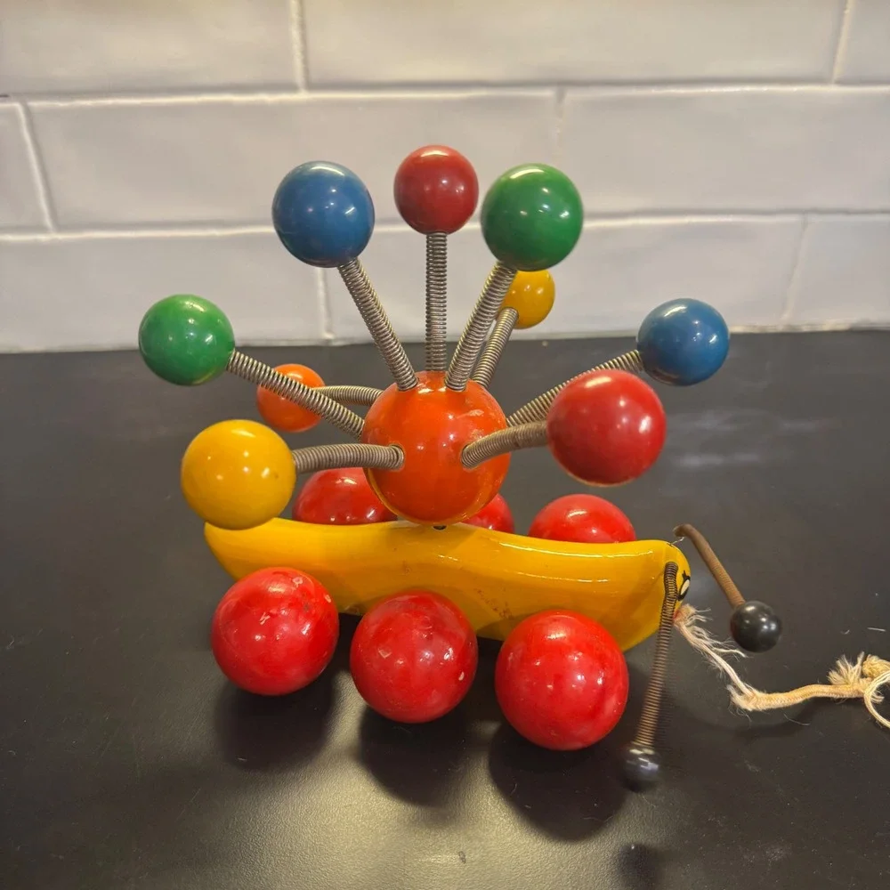 Vintage Wooden Caterpillar Pull Toy Multicolor Mid Century Modern Spring Bug